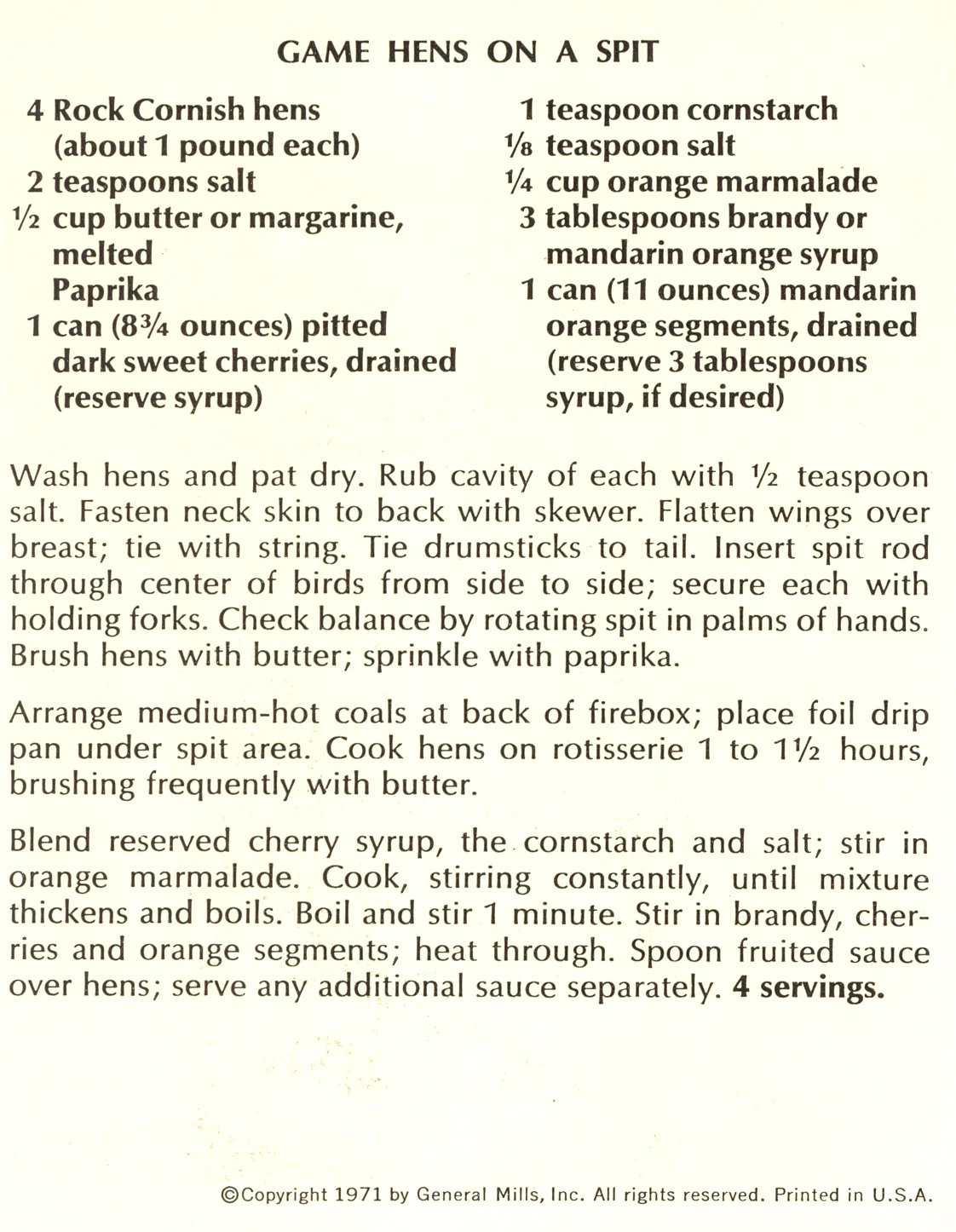 1971 Betty Crocker Recipe Library - Outdoor Entertaining: Game Hens on ...
